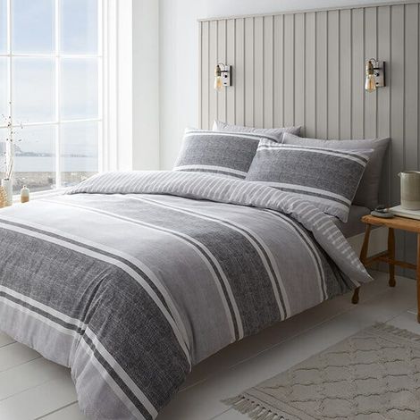 Catherine Lansfield Textured Banded Stripe Single Duvet Set Charcoal (1/5)