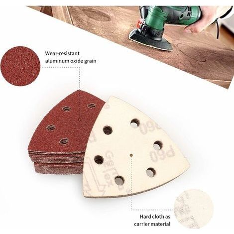 70-teiliges Set selbstklebender, dreieckiger Schleifpads mit 6 Löchern, Körnungen 60/80/120/180/240/320/400. Packung mit dreieckigem Schleifpapier für Dreieckschleifer. (1/3)