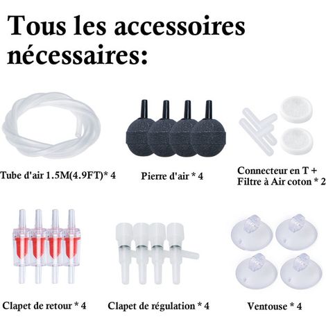 Pompe à Air pour Aquarium Silencieuse 4 Sorties Débit Réglable avec Diffuseurs d'Air Accessoires Complets pour Bassin et Aquarium jusqu'à 1100L