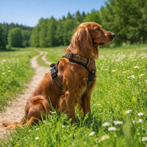 belviona Anti-Zug Hundegeschirr, gepolstertes Y-Geschirr für Hunde mit Kontrollgriff, reflektierend & verstellbar, Größe S, braun (1/5)