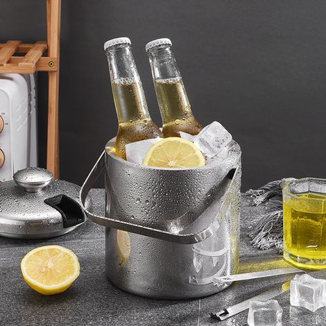 Seau à glace 1.3L avec couvercle et passoire, acier inoxydable double paroi, récipient à glaçons (1/5)
