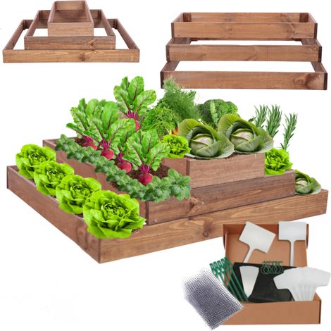 MODO24 ZP09 Carré potager surélevé en escalier modulable, bois de pin, herbes/légumes, jardin/terrasse/balcon, 27x117x90 cm, marron