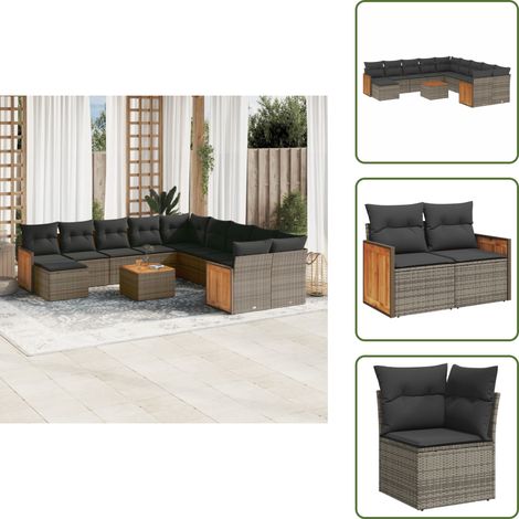 The Living Store 12-tlg. Garten-Sofagarnitur mit Kissen Grau Poly Rattan - Gartenmöbel Set - Rattan Möbel - Outdoor Möbel - Gartenlounge - Esstisch (1/5)