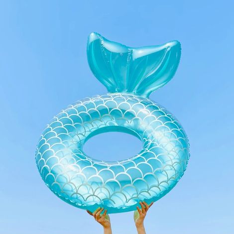 Bouée sirène adulte (bleue, diamètre extérieur gonflé 110 cm), accessoire de jeu aquatique gonflable sirène pour piscine, pompe non incluse (1/5)