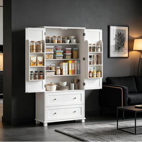 Credenza alta da cucina 2 ante, 2 cassetti, ripiani regolabili, bianco OKMYHOME (1/5)