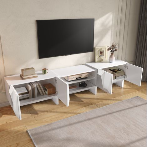 MODFU – Mobile TV 180x34x44,5 cm con 4 ante a rilievo, nicchie aperte e passacavi per salotto – Bianco (1/5)