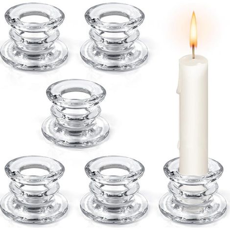 6-piece glass candlestick set, clear glass candlesticks, suitable for table decorations, weddings, Christmas, parties. (1/5)