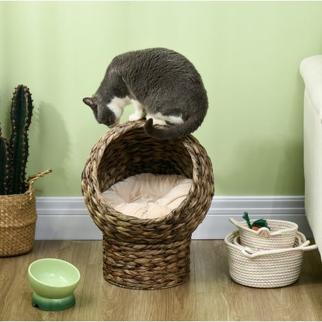 Panier pour chat en jacinthe d'eau avec coussin, 40 x 37 x 51 cm, marron gris DESVIAE (1/5)