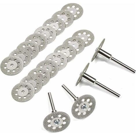 Dischi da taglio diamantati, 20 pezzi, mini dischi da taglio diamantati da 22 mm con 4 mandrini per dischi rotanti per utensili rotanti Dremel, dischi per il taglio di vetro e gemme. (1/4)