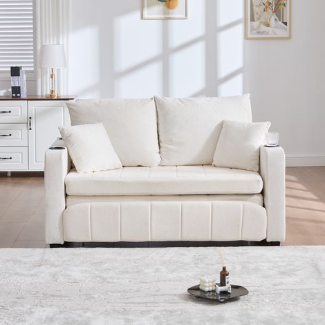 Sofá cama de chenilla beige 139 x 83 x 58 cm, convertible y compacto con bolsillos laterales