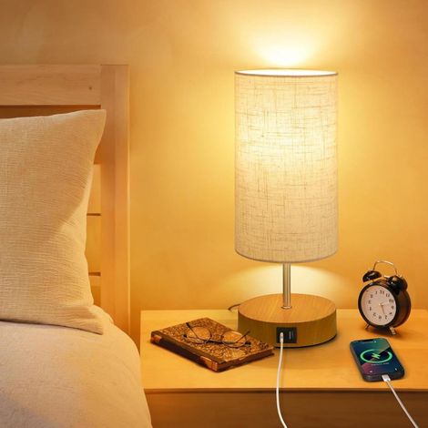Lampe de chevet - Lampe de table en bois à intensité variable (3 niveaux) avec ports de chargement USB A et C - éclairage tactile - abat-jour en lin - petite lampe de table pour chambre ou salon