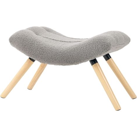 Repose-pieds en tissu bouclette, rembourré, pieds en bois de hêtre, gris clair