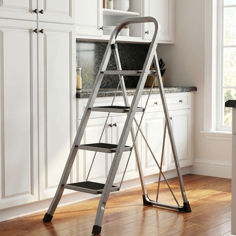 Escabeau 4 marches, marchepied pliant avec sécurité de verrouillage, peu encombrant, pour la maison, charge jusqu’à 150 kg, gris (1/5)