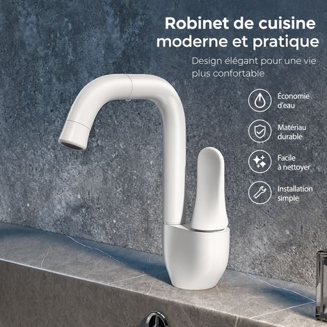 Mitigeur Lavabo Salle de Bain Cuivre Modèle Cygne Blanc Mat avec flexibles d'arrivée d'eau chaude et froide de 60 cm 26 × 19 × 7 cm – Livraison gratuite (1/5)