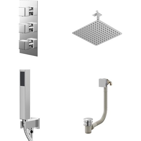 Cubix Polished Chrome Concealed Triple Thermostatic Shower Valve with Diverter and 300mm Square Head with 150mm Ceiling Arm and Outlet Holder with Kit and Free-Flow Bath Filler - 3 Outlet (1/5)