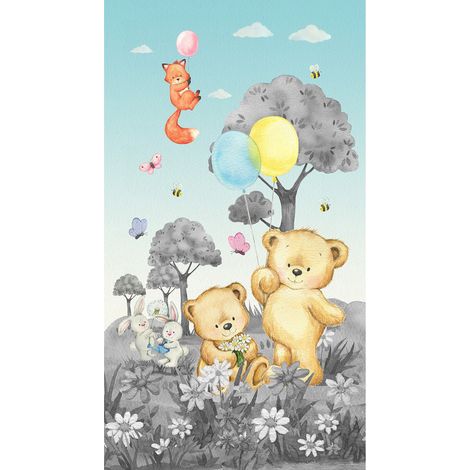 Poster intissé - animaux de la foret en noir et blanc - ourson, lapin, renard - 150 x 270 cm (1/3)