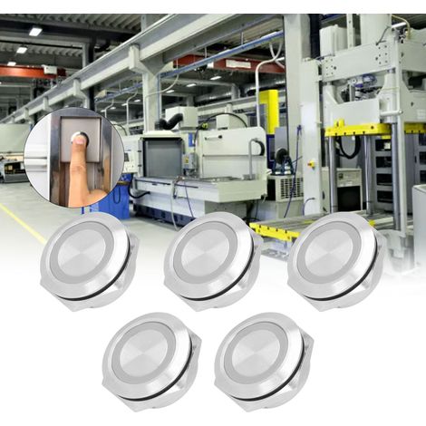 Verkauft in 5er-Packs: 22 mm ultrakurze Metall-Drucktaster mit LED, selbstrückstellend, Momentbetrieb, ultradünn, wasserdicht, AC220V, gelb. (1/5)