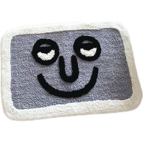 Tapis d'intérieur absorbant l'eau, idéal pour la maison, la salle de bain et les toilettes. Joli motif visage souriant gris, 40 x 60 cm / 15,7 x 23,6 pouces. (1/5)