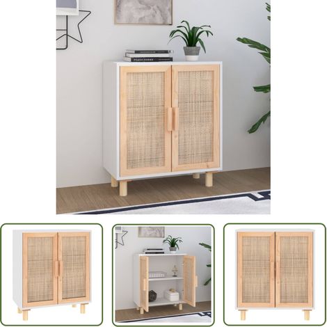 The Living Store Sideboard Weiß 60x30x70 cm Massivholz Kiefer und Natur-Rattan - Schreibtisch - Wohnzimmermöbel - Sideboard - Regal - Eckschrank (1/5)