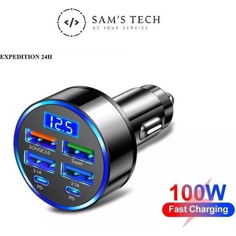 6-Port-Kfz-Ladegerät für den Zigarettenanzünder mit 4 USB-Anschlüssen + 2 PD-Anschlüssen, Display und Schnellladefunktion (1/5)