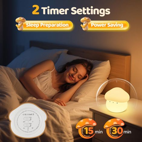 Lámpara de seta - Luz nocturna con temporizador y forma de seta - Para niños - Luz bonita, regulable y fácil de usar - Luz nocturna de silicona suave (1/3)