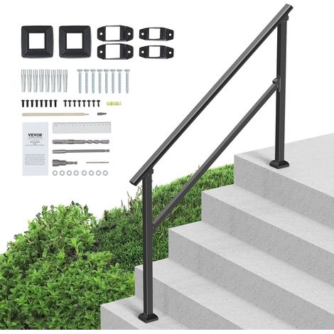 Garde-corps extérieur pour escalier, kit de rampe 4-5 marches, acier carbone, installation incluse, pour personnes âgées, béton, porche et terrasse, tube carré noir (1/5)