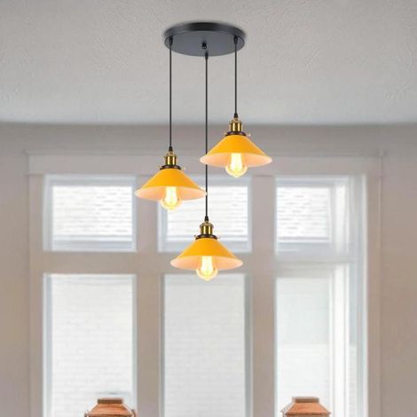Lustre rétro à trois têtes (jaune), lumière chaude, E27, éclairage décoratif pour la maison, lampe pour îlot de cuisine, abat-jour en métal. (1/5)