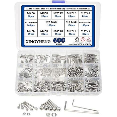 Assortiment de 600 vis à tête hexagonale M2/M3 en acier inoxydable 304 avec 2 clés hexagonales (1/5)