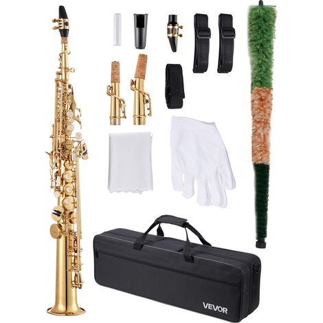 Sopransaxophon, B-Dur, Messing-Saxophon-Anfängerset mit Tragetasche, Mundstück, Reinigungstuch, Stab, Handschuhen, Umhängeband, 23-Tasten-Sax-Set, für Anfänger & Schüler, Gold (1/5)