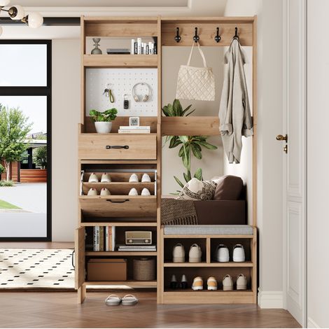 Set guardaroba da ingresso 108.5x35x180 cm naturale e bianco in pannello truciolare con panca, cassetto, 2 ante e pannello forato (1/5)