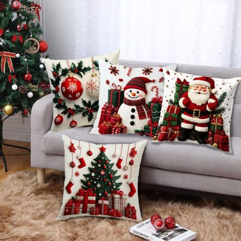 Lot de 4 housses de coussin de Noël - 45 x 45 cm - Décorations de Noël - Bonhomme de neige, Père Noël, élan, traîneau, camion - Décoration de vacances d'hiver pour canapé, salon, décoration (1/4)