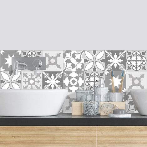 Crédence de salle de bain en Aluminium style carreaux de ciment gris 140x30 cm (en 2 bandeaux) - Ciment Tendance