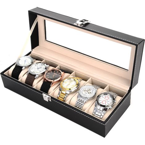 Boîte à montres verrouillable avec 6 compartiments et plateau en verre (1/2)