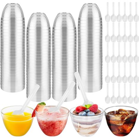 100 Tasses à dessert, 60ml, Plastique alimentaire, Avec 100 Cuillères, Transparent, Pour fête (1/5)