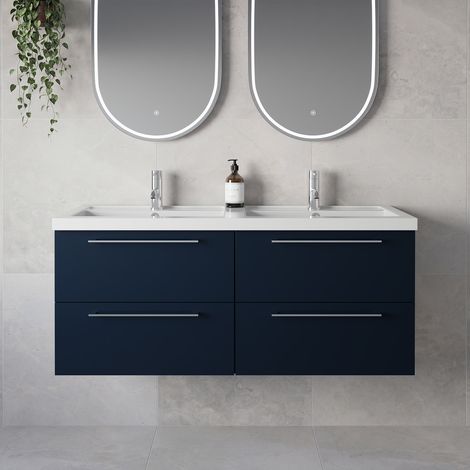 Napoli 390 Deep Blue 1200mm Wall Mounted 4 Drawer Vanity Unit with Double Lucia Basins - 1200mm - Chrome 320mm Handle
