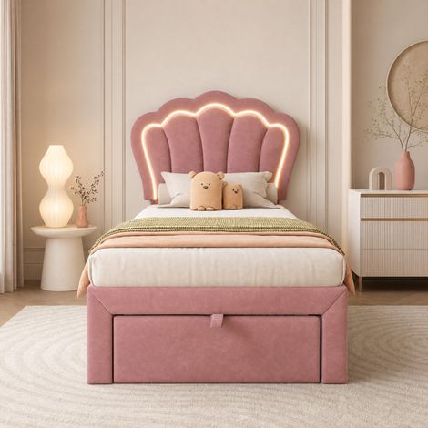 Lit 1 place 90 x 200 cm en velours rose, tête de lit réglable, LED RGB par application, tiroir, cadre en bois et sommier à lattes – de FLORAGRACE, pour chambre (1/5)