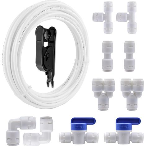 5M Tuyau d'alimentation en Eau Tube,3/8"RO Raccord de Filtre à Eau,Purificateurs d'eau à Connexion Rapide Raccords de Tube Type Y+T+I+L+Robinet à Bille Systèmes d'osmose Inverse-Blanc (1/5)