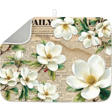 1 tapis de séchage à vaisselle magnolia blanc 60 x 45 cm, tapis égouttoir à vaisselle à motif floral vintage, tapis d'égouttement absorbant résistant à la chaleur, tapis de comptoir avec (1/5)