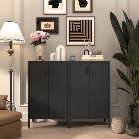 Armoire de rangement en acier noir à 2 portes et 2 étagères réglables, armoire multifonction pour salon, cuisine, chambre, rangement d’outils de garage et organisation de dossiers de bureau