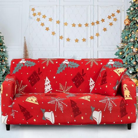 Housse de canapé de Noël en polyester doux, imprimé sapin de Noël, avec élastique au bas (2 places, rouge) (1/5)