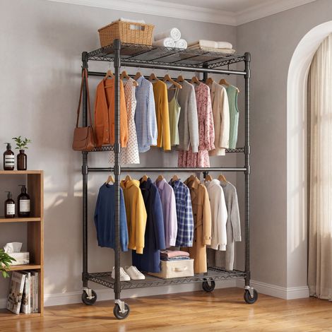 Portant à Vêtements sur Roulettes avec 4 Tringles et 2 Crochets, 90 × 52 × 204.5 cm Penderie en Métal, Vestiaire, avec 2 Étagères Réglables, Construction acier carbone, Noir
