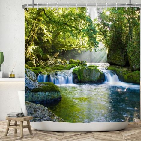 CCYKXAA 180x180 cm Duschvorhang mit Landschaftsmotiv, anmutige Naturlandschaft, grüner Dschungel, Gebirgsbach, waschbarer Textilvorhang (1/4)