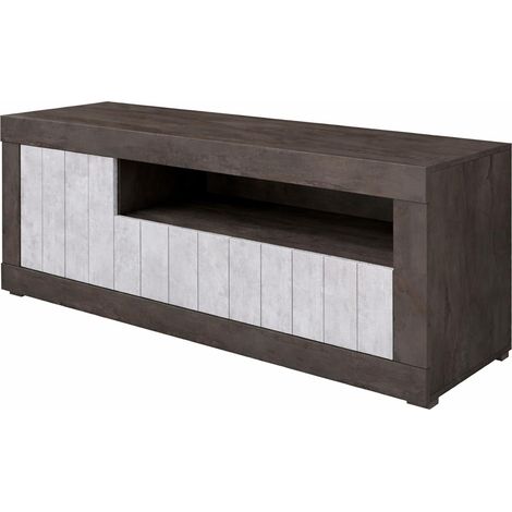 Mobile TV Basso In Melaminico Con Anta Laterale E A Ribalta Vano A Giorno Ripiani Mensole Interne Design Moderno Senza Maniglie Soggiorno Living Salotto 136.9 x 41.8 x 56 Cm Ossido e Grigio Cemento -