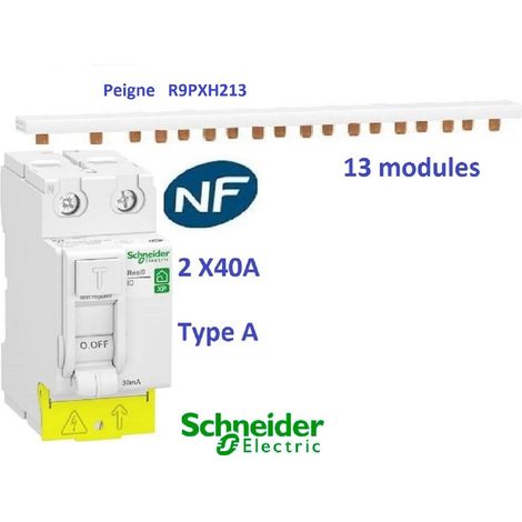 Interrupteur différentiel Resi9 xp 2P 40A 30ma type A + Peigne 13 M - Schneider R9PRA240+R9PXH213