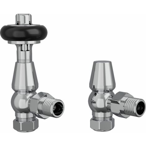 Traditional Antique Design TRV Thermostatic Brass Angled Radiator Valves Pair Chrome