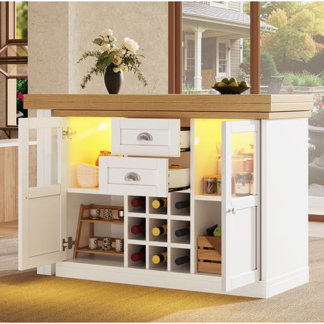 Mesa de comedor extensible giratoria 360 grados (120 a 197x40x72 cm), con almacenaje y LED, MDF blanco (1/5)