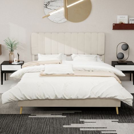 Lit moderne capitonné tête de lit peluche 160x200 cm beige sommier bas sans rangement