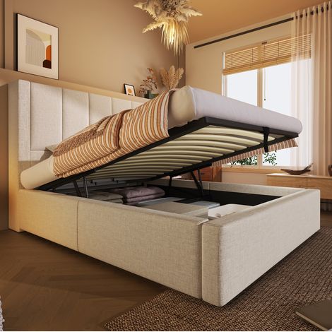 Polsterbett 90/200 cm Beige aus Leinen mit Stauraum und Ladestation (1/5)