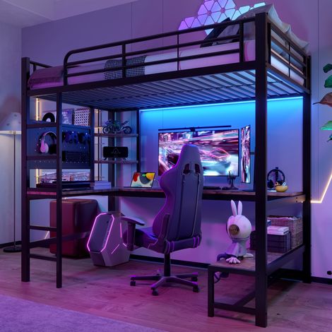 Letto rialzato 90x200 cm con scrivania, scala, ripiani portaoggetti, pannello forato, porte USB/Type-C e illuminazione LED, nero, senza materasso (1/5)