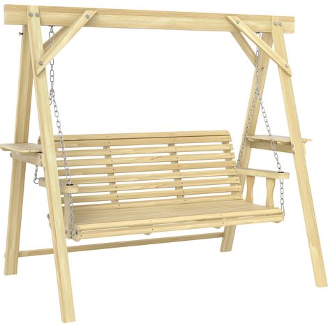 Outsunny 3 Seater Wooden Garden Swing Chair with Side Tables